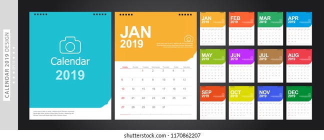 Calendar 2019, Set Desk Calendar template design with Place for Photo and Company Logo. Week Starts on Sunday. Set of 12 Months