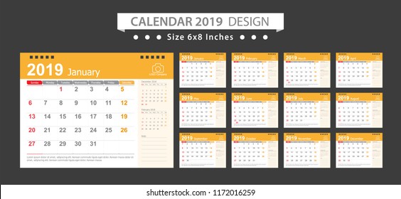 Calendar 2019, Set Desk Calendar template design with Place for Photo and Company Logo. Week Starts on Sunday. Set of 12 Months