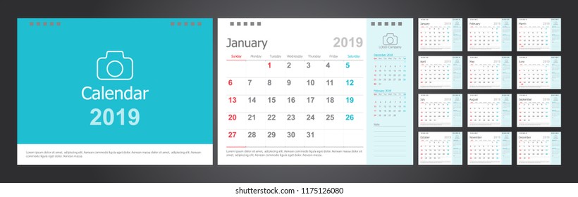 Calendar 2019, Set Desk Calendar template design with Place for Photo and Company Logo. Week Starts on Sunday. Set of 12 Months