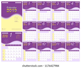 Calendar 2019, Set Desk Calendar template design with Place for Photo and Company Logo. Week Starts on Sunday. Set of 12 Months color purple and yellow illustrator vector