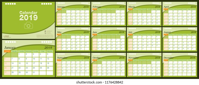 Calendar 2019, Set Desk Calendar template design with Place for Photo and Company Logo. Week Starts on Sunday. Set of 12 Months color green and orange illustrator vector