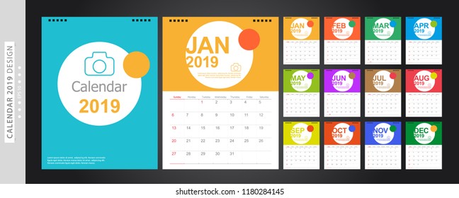 Calendar 2019, Set Desk Calendar template design with Place for Photo and Company Logo. Week Starts on Sunday. Set of 12 Months