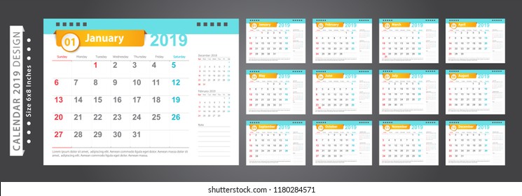 Calendar 2019, Set Desk Calendar template design with Place for Photo and Company Logo. Week Starts on Sunday. Set of 12 Months