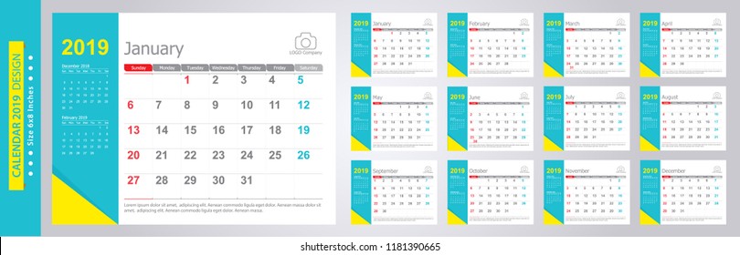 Calendar 2019, Set Desk Calendar template design with Place for Photo and Company Logo. Week Starts on Sunday. Set of 12 Months