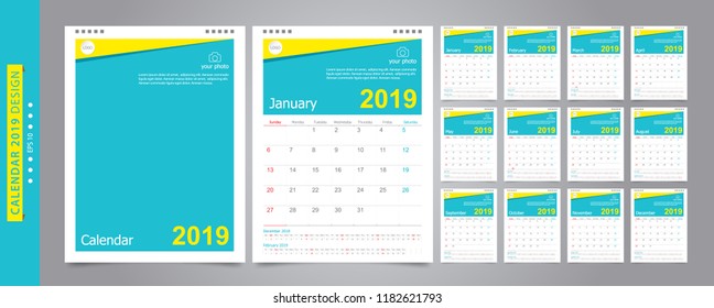 Calendar 2019, Set Desk Calendar template design with Place for Photo and Company Logo. Week Starts on Sunday. Set of 12 Months