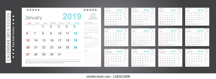 Calendario 2019, Diseño de plantilla Set Desk Calendar con logotipo Place for Photo and Company. La semana empieza el domingo. Conjunto de 12 meses