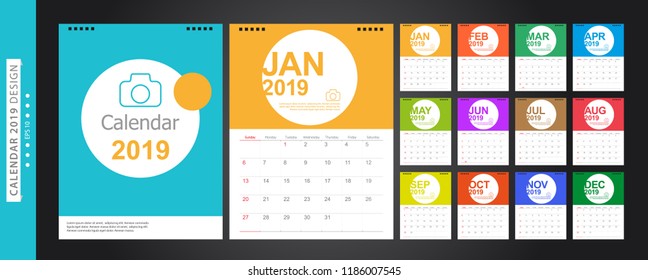 Calendar 2019, Set Desk Calendar template design with Place for Photo and Company Logo. Week Starts on Sunday. Set of 12 Months