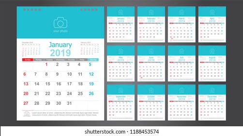 Calendar 2019, Set Desk Calendar template design with Place for Photo and Company Logo. Week Starts on Sunday. Set of 12 Months