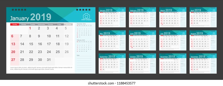 Calendar 2019, Set Desk Calendar template design with Place for Photo and Company Logo. Week Starts on Sunday. Set of 12 Months