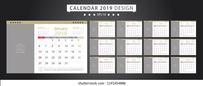 Calendar 2019, Set Desk Calendar template design with Place for Photo and Company Logo. Week Starts on Sunday. Set of 12 Months