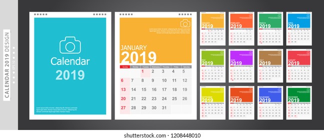 Calendar 2019, Set Desk Calendar template design with Place for Photo and Company Logo. Week Starts on Sunday. Set of 12 Months