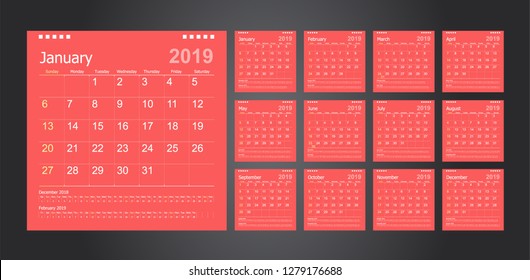 Calendar 2019, Set Desk Calendar template design with Place for Photo and Company Logo. Week Starts on Sunday. Set of 12 Months