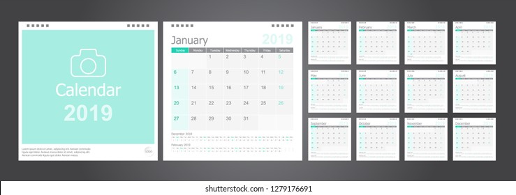 Calendar 2019, Set Desk Calendar template design with Place for Photo and Company Logo. Week Starts on Sunday. Set of 12 Months