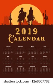 Calendar 2019, Silhouette of Cowboy couple riding horses at sunset, vector
