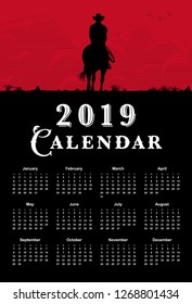 Calendar 2019, Silhouette of lonesome cowboy riding horse at sunset, Vector Illustration