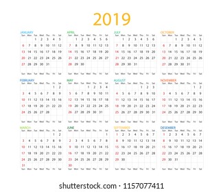 Calendar 2019. A simple annual calendar with months and dates over a white background. The week starts on Sunday. 