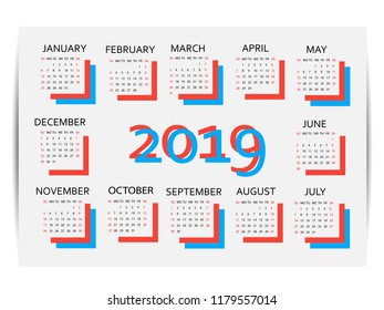 Calendar 2019. Simple minimal design. Week starts from Sunday.
