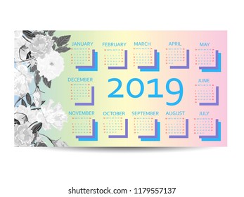 Calendar 2019. Simple minimal design with floral print. Week starts from Sunday.