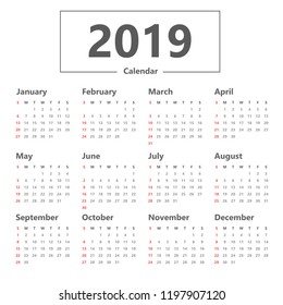 calendar 2019 simple style. vector on white background. Week starts Sunday.