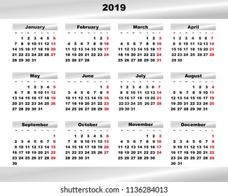 calendar for 2019 in a sleek design with a silver design of the names of the months, week starts on Monday
