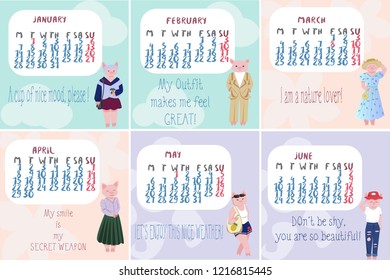 Calendar of 2019 with the smbol of the year as stylish pigs in flat design