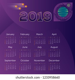 Calendar 2019. Space background. Abstract earth globe and moon