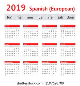 Calendar 2019 (Spain). European Spanish Calendar. Week starts on Monday