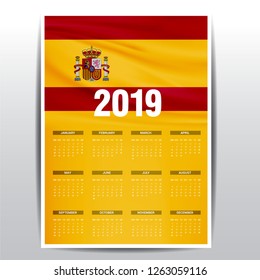 Calendar 2019 Spain Flag background. English language