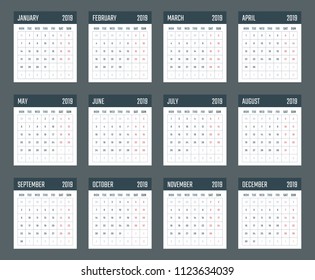 calendar for 2019 starts monday, vector calendar design 2019 year