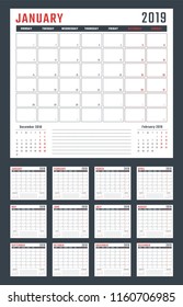 calendar for 2019 starts monday, vector calendar design 2019 year