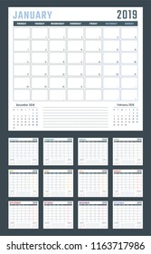 calendar for 2019 starts monday, vector calendar design 2019 year