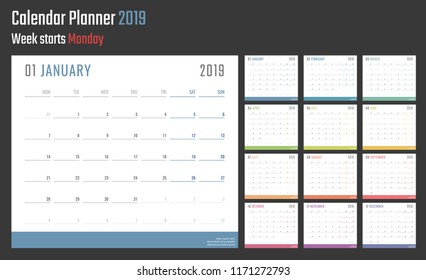 calendar for 2019 starts monday, vector calendar design 2019 year