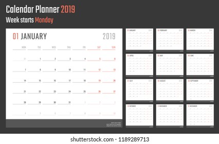 calendar for 2019 starts monday, vector calendar design 2019 year