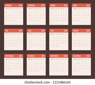 calendar for 2019 starts sunday, vector calendar design 2019 year