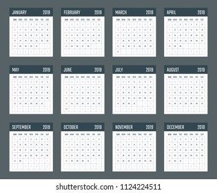 calendar for 2019 starts sunday, vector calendar design 2019 year