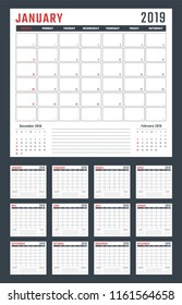 calendar for 2019 starts sunday, vector calendar design 2019 year