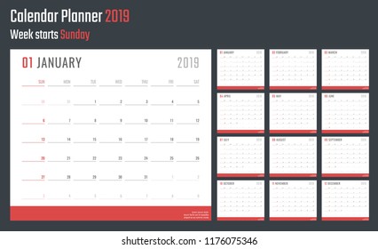 calendar for 2019 starts sunday, vector calendar design 2019 year