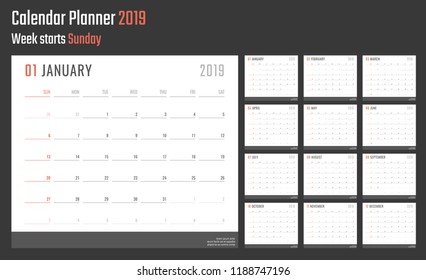 calendar for 2019 starts sunday, vector calendar design 2019 year