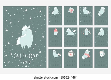 Calendar 2019. Stock eps 10 vector. Fun and cute calendar with hand drawn blue horses, cakes and other cozy and pretty stuff. Pink blue grey white