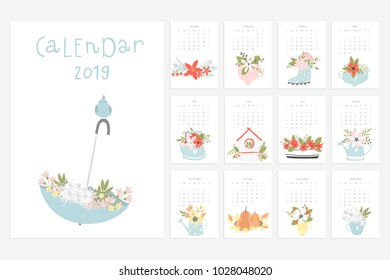 Calendar 2019. Stock vector. Fun and cute calendar with hand drawn flowers, cups, pumpkin and etc.. 