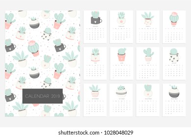 Calendar 2019. Stock vector. Fun and cute calendar with hand drawn succulents and cactus plants. Pink mint grey white