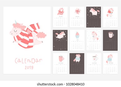 Calendar 2019. Stock vector. Fun and cute calendar with hand drawn unicorns, cakes and other cute stuff. Pink blue grey white