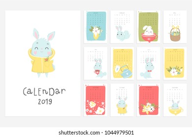 Calendar 2019. Stock vector. Fun and cute calendar with hand drawn easter bunny, cakes and other cute stuff. Yellow red blue grey white