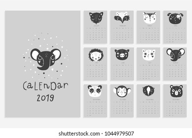 Calendar 2019. Stock vector. Fun and cute calendar with hand drawn animals in black and white colors. Scandinavian style. Elephant panda cat and others