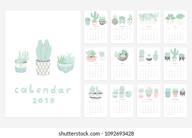 Calendar 2019. Stock vector. Fun and cute calendar with hand drawn succulents and cactus plants. Pretty and soft pastel colors. Pink mint grey white