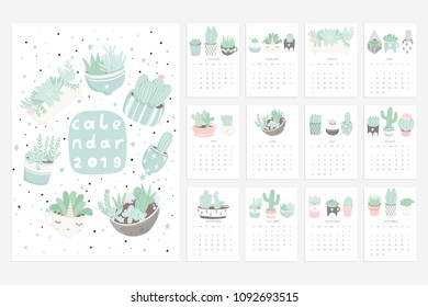 Calendar 2019. Stock vector. Fun and cute calendar with hand drawn succulents and cactus plants. Pretty and soft pastel colors. Pink mint grey white