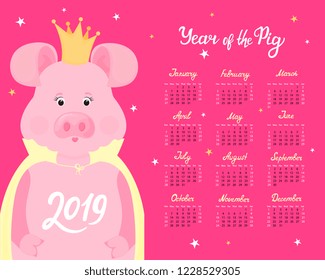 Calendar for 2019 from Sunday to Saturday. Cute cartoon pig princess in a crown and cloak. Chinese New Year.