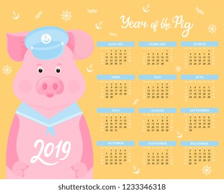 Calendar for 2019 from Sunday to Saturday. Cute pig in a sailor suit visor and collar. Funny animal. The symbol of the Chinese New Year.
