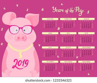 Calendar for 2019 from Sunday to Saturday. Cute pig in glasses with dollar sign on a gold chain. Funny animal. The symbol of the Chinese New Year