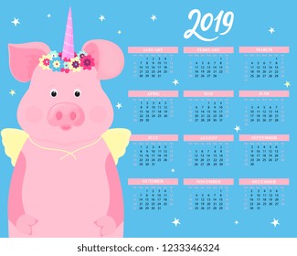 Calendar for 2019 from Sunday to Saturday. Cute pig in a costume of a fairytale unicorn with a horn and a flower wreath and wings. Funny animal. The symbol of the Chinese New Year